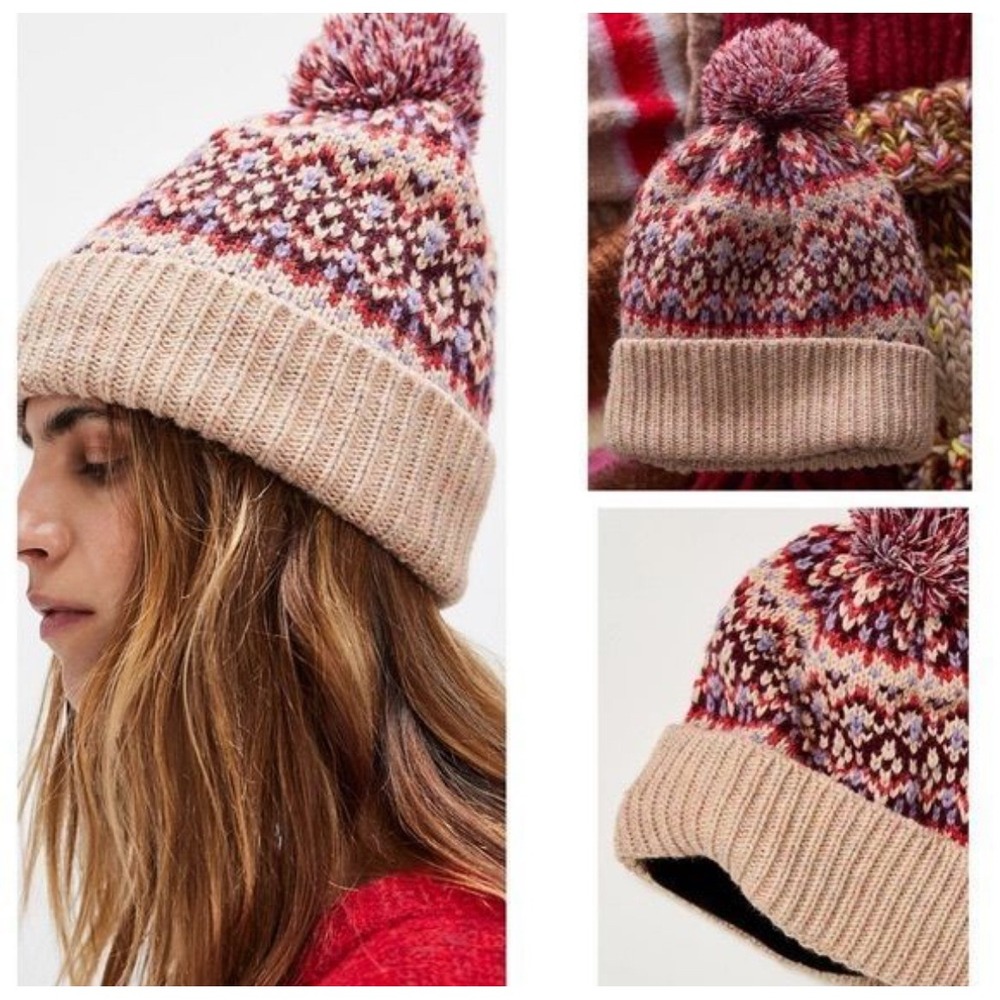 Free People First Frost Fair Isle Beanie Hat Women OS Multi Fleece Lined Pom Pom